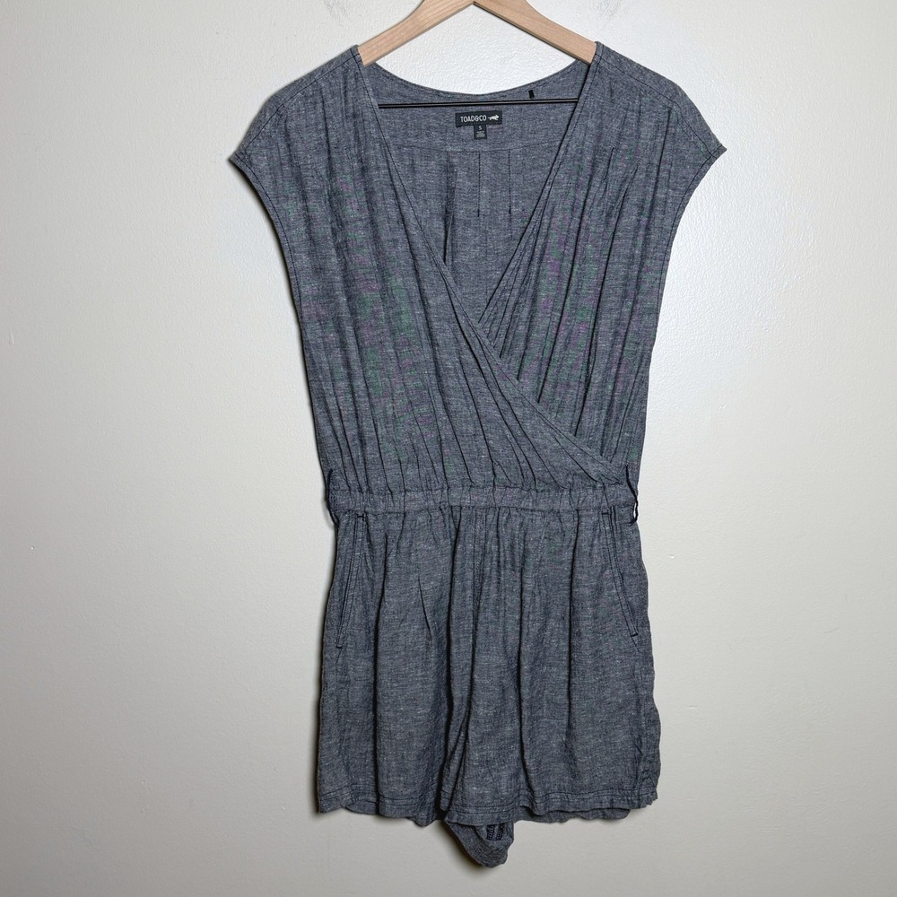 Toad&Co Womens Hemp Romper S Blue Sleeveless V-Neck Surplice Elastic Waist Boho